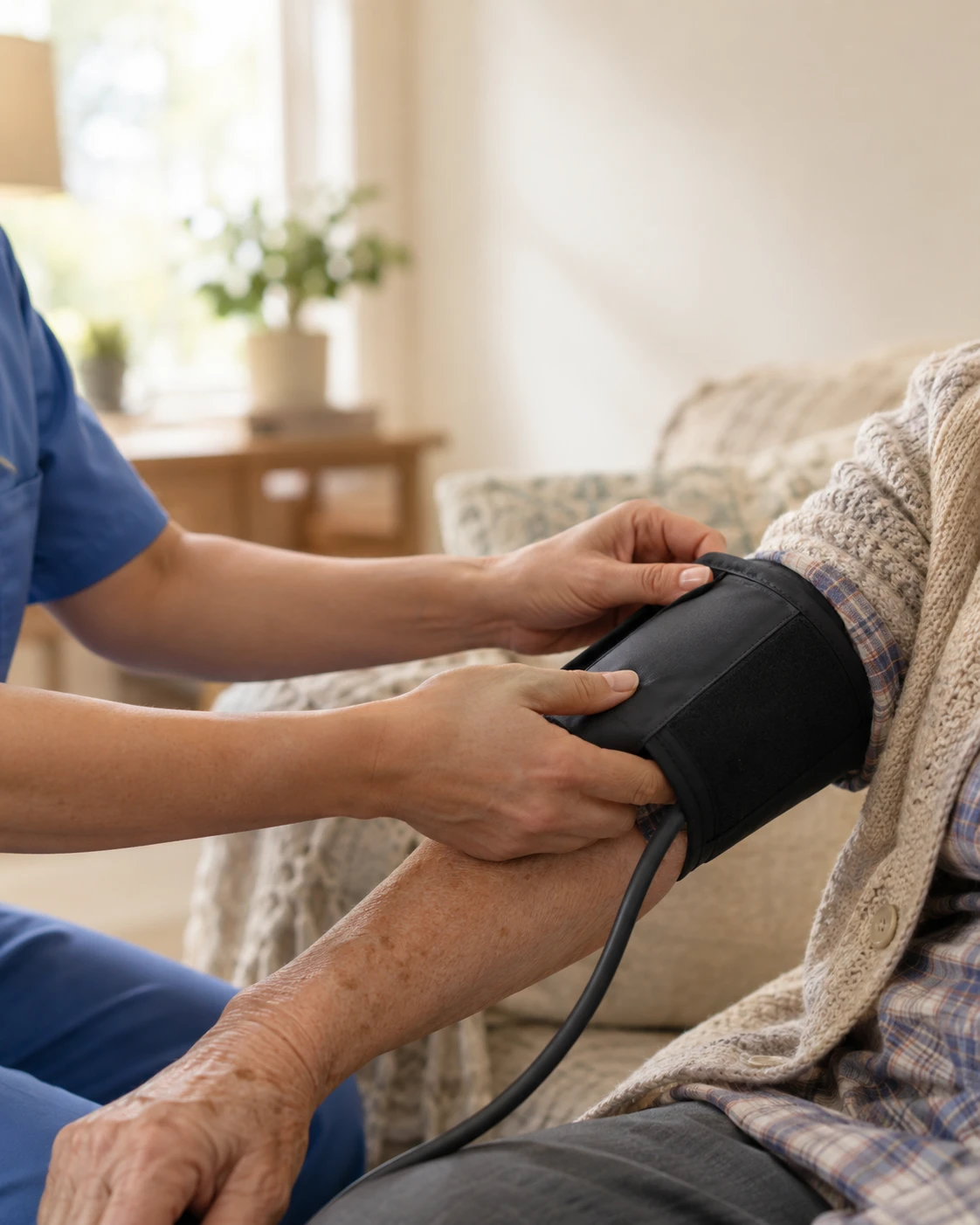 A caregiver checking an elderly patient's blood pressure at home